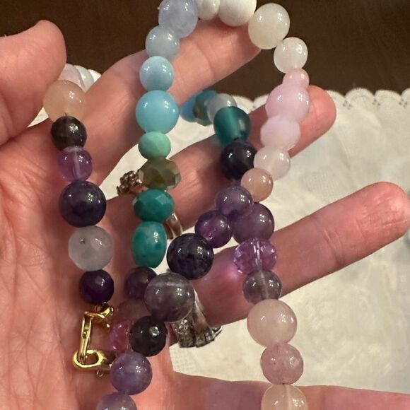 Violet Ocean Sea Genuine Gemstone Handmade Necklace Aquamarine Amethyst Quartz - Picture 5 of 5